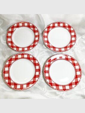 222 Fifth Home Cupboard Red White Gingham Appetizer / Dessert Plates Set Of 4